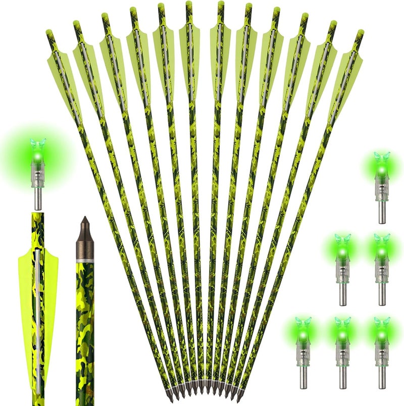 sf. 20 inch Crossbow Bolt Carbon Crossbow Arrow 12 Pcs with 6 Green Lighted Nock, Hunting and Outdoor Practice Lighted nocks for Arrows nockturnal Lighted nocks - Image 1